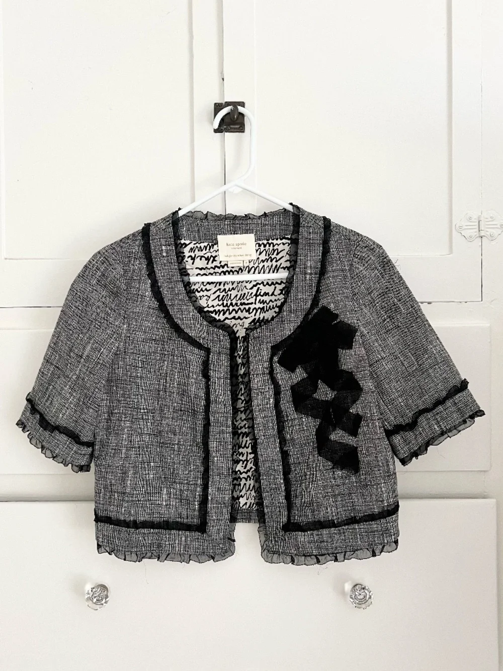 Kate Spade Black Tweed Cropped Short Sleeve Jacket Bow Size 4